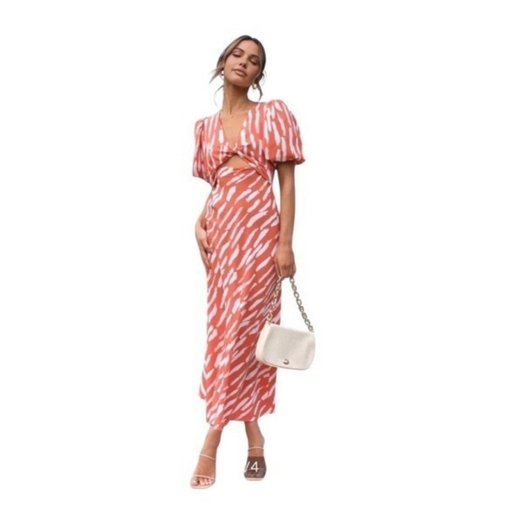 Commense Midi Dress Womens 4 Orange White Abstract Twist Front Puff Sleeve